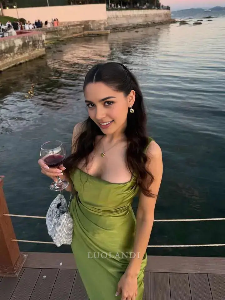 Luolandi Fashion Green Satin Mermaid Sleeveless Long Formal Prom Dress Charming Party Evening Gowns Elegant Graduation Dress