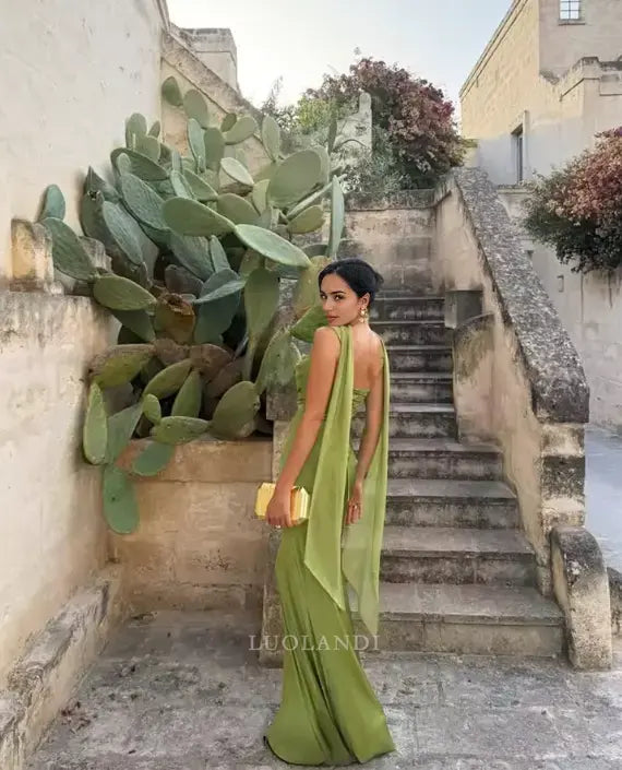 Luolandi Fashion Green Satin Mermaid Sleeveless Long Formal Prom Dress Charming Party Evening Gowns Elegant Graduation Dress