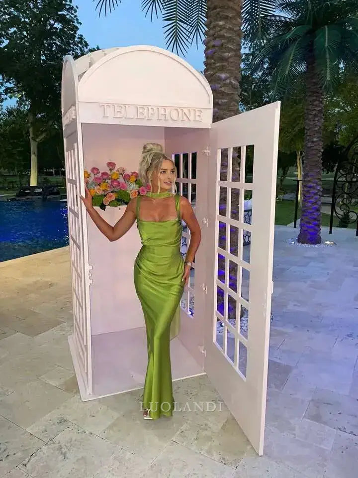 Luolandi Fashion Green Satin Mermaid Sleeveless Long Formal Prom Dress Elegant Wedding Guest Dress Charming Party Evening Gowns