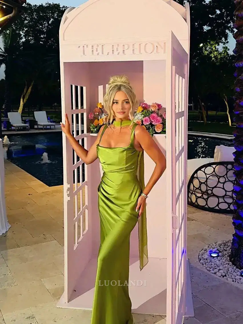 Luolandi Fashion Green Satin Mermaid Sleeveless Long Formal Prom Dress Elegant Wedding Guest Dress Charming Party Evening Gowns