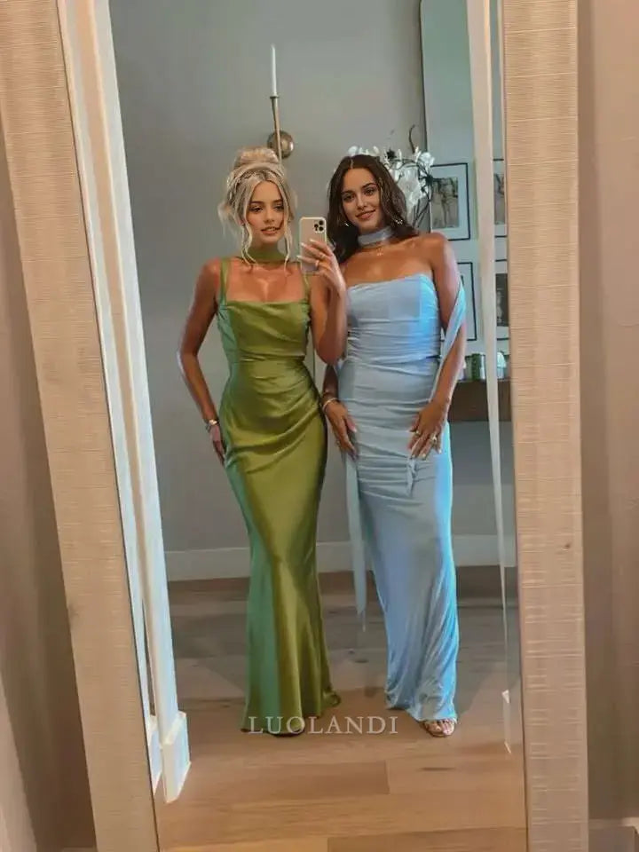 Luolandi Fashion Green Satin Mermaid Sleeveless Long Formal Prom Dress Elegant Wedding Guest Dress Charming Party Evening Gowns