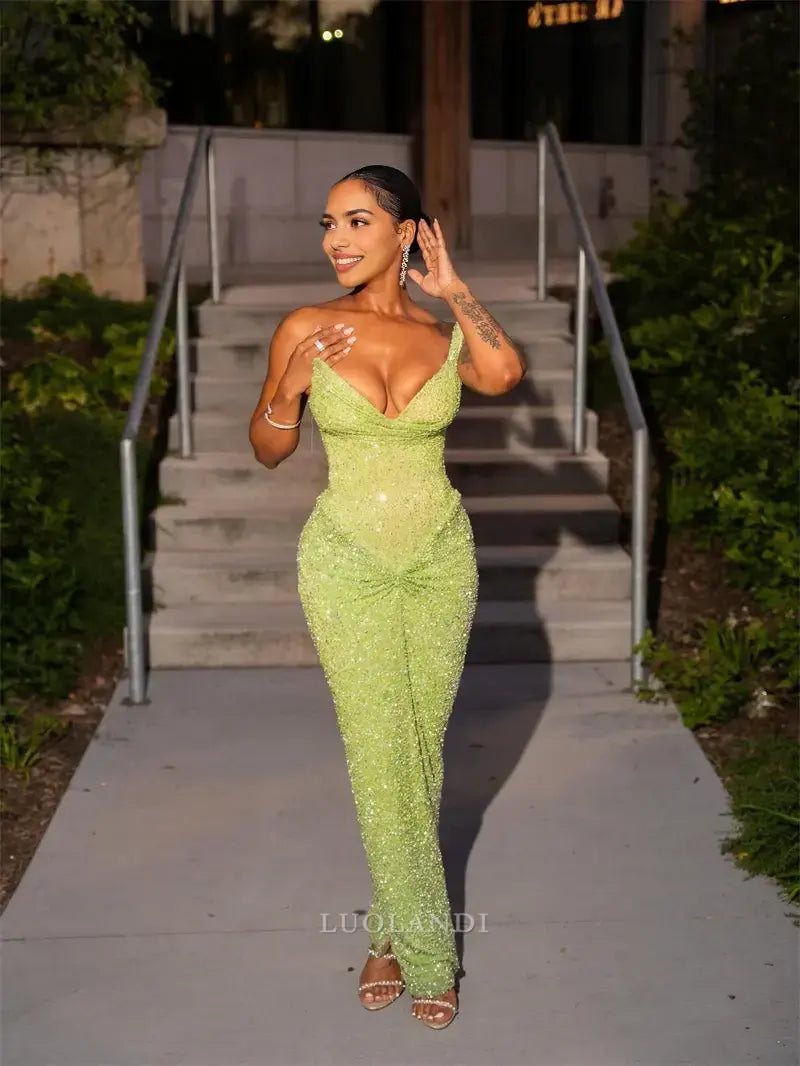 Luolandi Fashion Green Strapless Sleeveless Sequin Long Formal Prom Dress Sexy Wedding Guest Dress Charming Party Evening Gowns