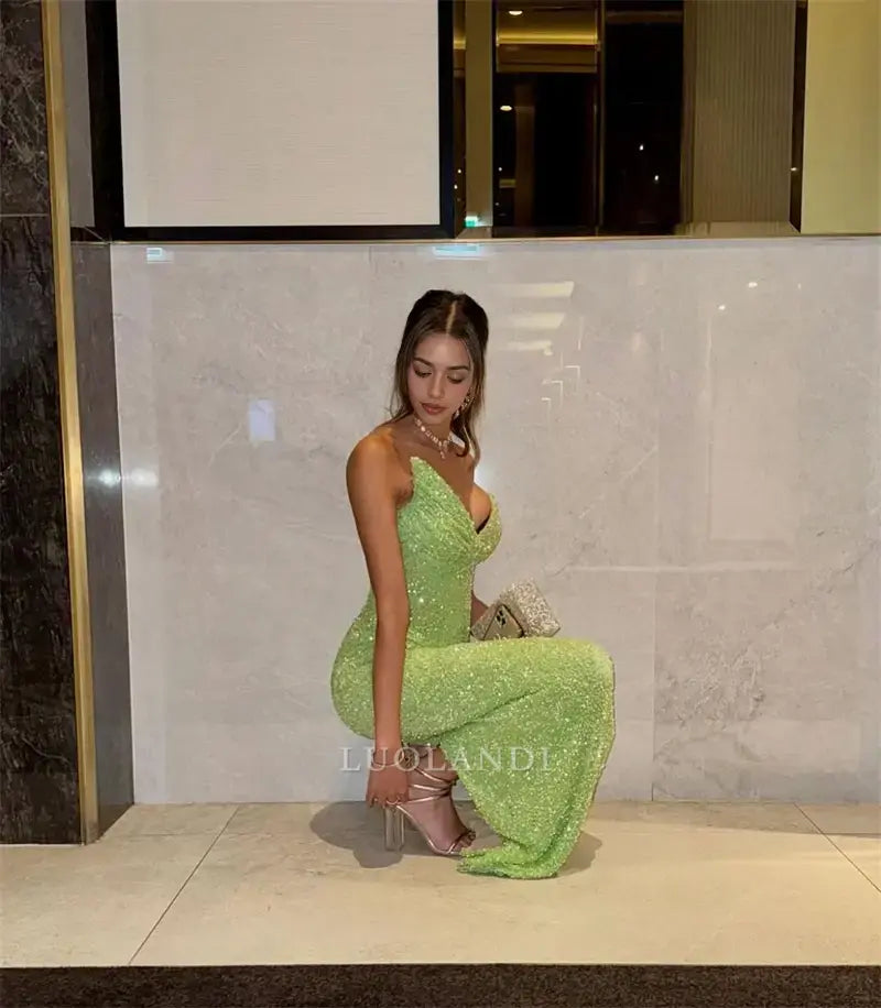 Luolandi Fashion Green Strapless Sleeveless Sequin Long Formal Prom Dress Sexy Wedding Guest Dress Charming Party Evening Gowns