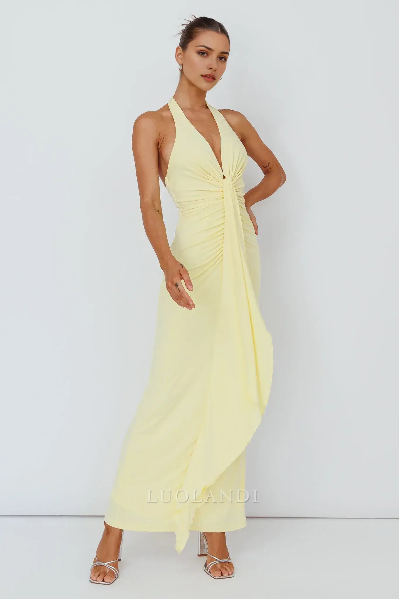 Luolandi Fashion Halter Sleeveless Ruched Prom Dress Long Formal Dress Elegant Evening Party Dress