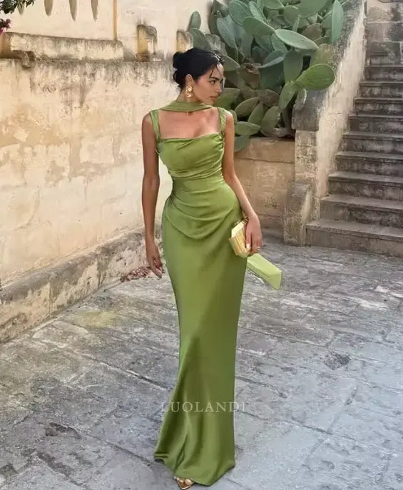 Luolandi Fashion Mermaid Sleeveless Green Satin Long Formal Prom Dress Elegant Wedding Guest Dress Charming Party Evening Gowns