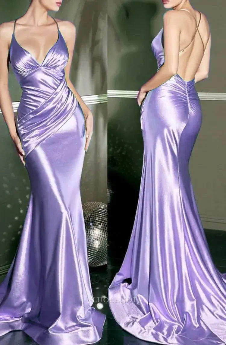 Luolandi Fashion Mermaid Spaghetti Straps Sleeveless Satin Party Evening Gowns Elegant Long Formal Prom Dresses