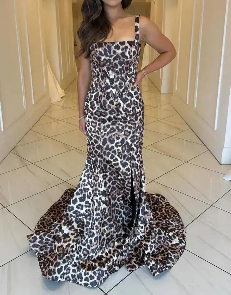 Luolandi Fashion Mermaid Squre Neck Sleeveless Leopard Long Prom Dress Sexy Wedding Guest Party Dress Gorgeous Evening Gowns