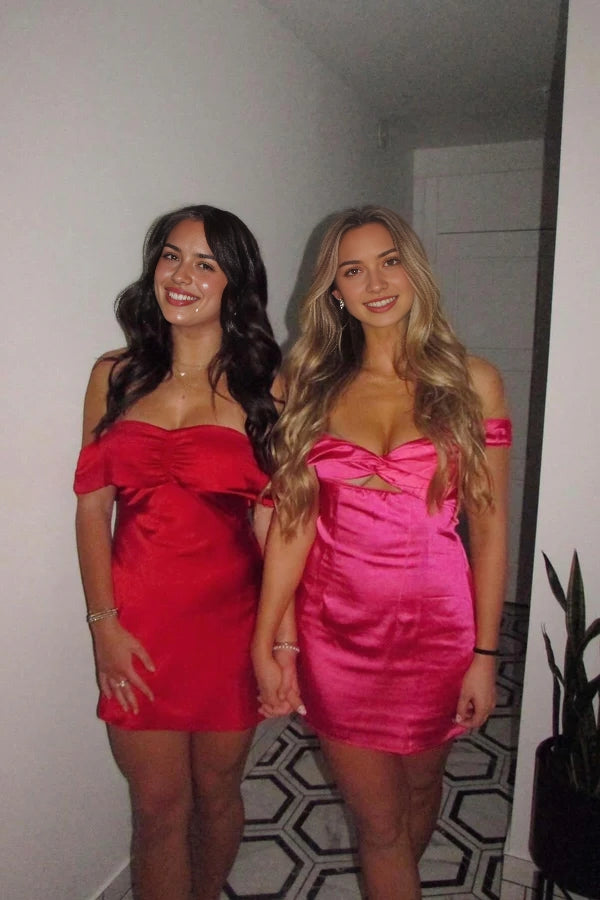 Luolandi Fashion Sheath Off-the-Shoulder Ruched Satin Short Homecoming Dresses Simple Summer Graduation Party Dress