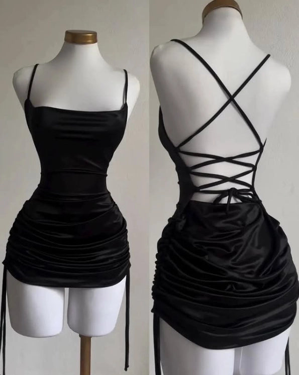 Luolandi Fashion Sheath Spaghetti Straps Black Satin Sleeveless Short Homecoming Dress Simple Birthday Party Dress