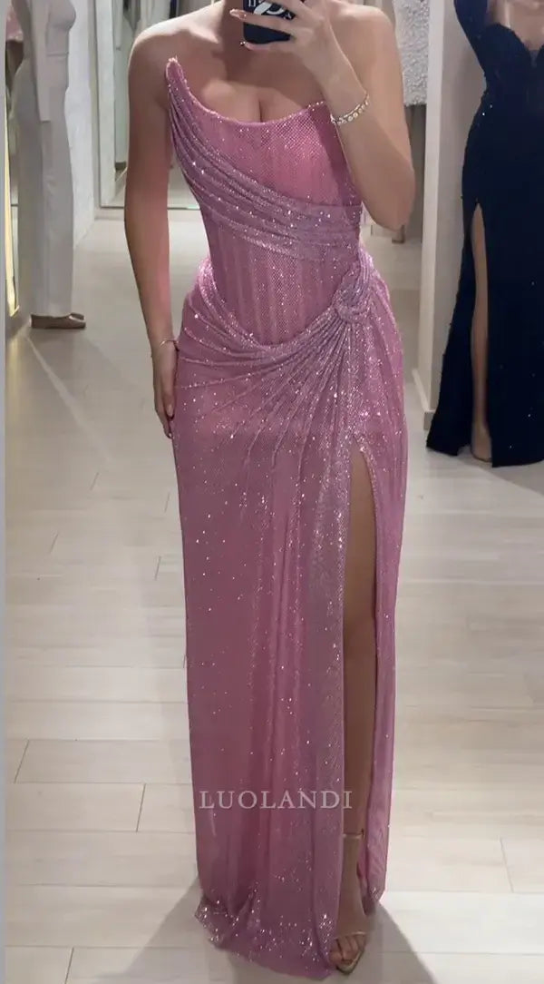 Luolandi Fashion Sheath Strapless Sleeveless Long Formal Prom Dress With Slit Elegant Evening Party Dress Charming Birthday Dress