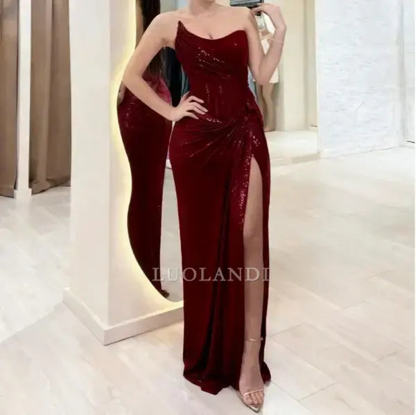 Luolandi Fashion Sheath Strapless Sleeveless Long Formal Prom Dress With Slit Elegant Evening Party Dress Charming Birthday Dress