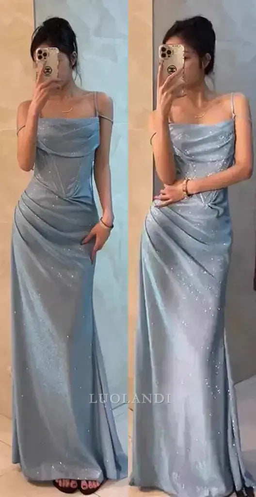 Luolandi Fashion Spaghetti Straps Pleated Sleeveless Long Formal Prom Dress Elegant Party Evening Gown Shiny Graduation Dress
