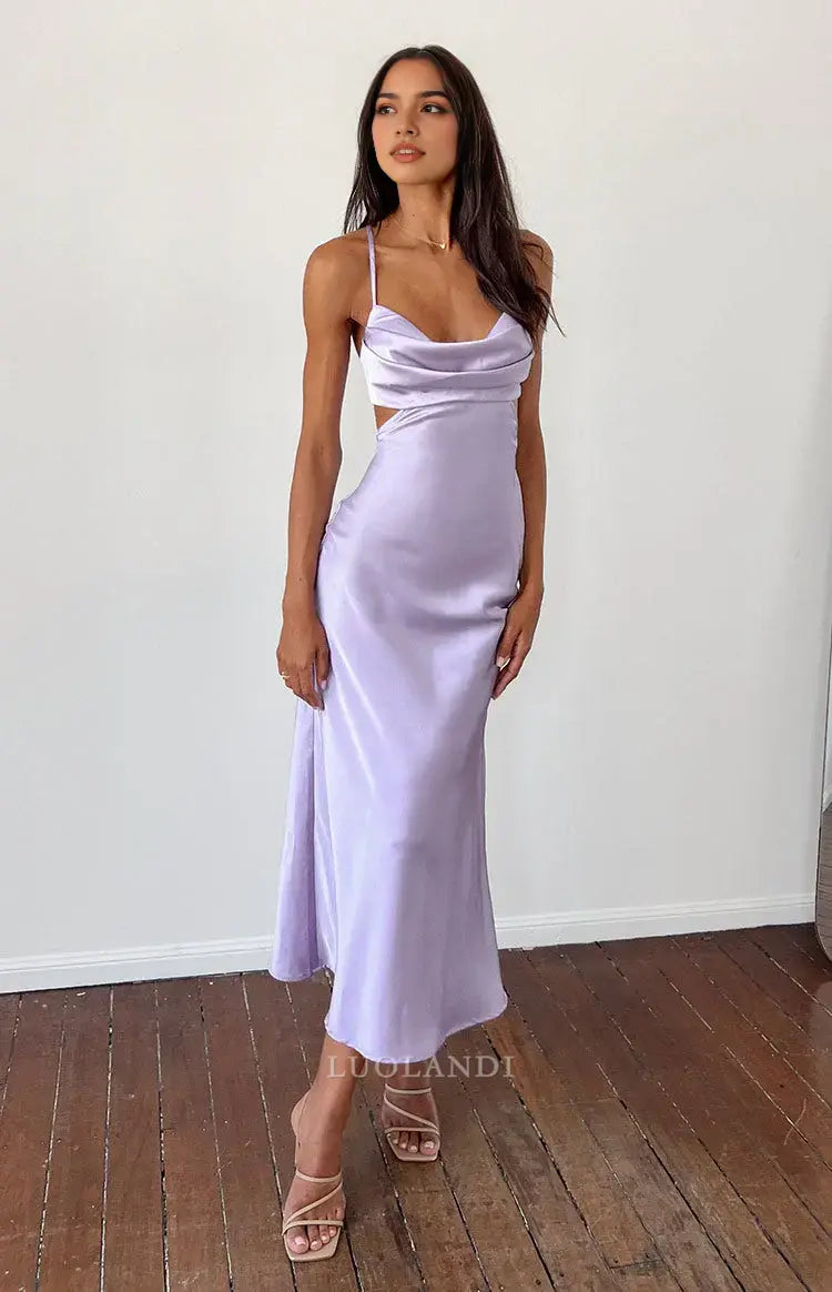 Luolandi Fashion Spaghetti Straps Satin Sleeveless Formal Prom Dress Elegant Wedding Guest Dress Simple Evening Party Gown Sexy Graduation Dress
