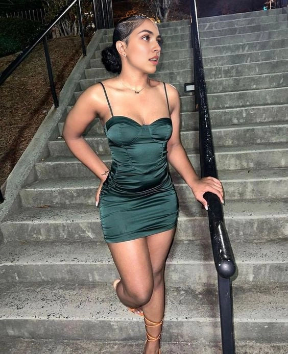 Luolandi Fashion Spaghetti Straps Sheath Sleeveless Satin Short Homecoming Dress Simple Birthday Party Dress