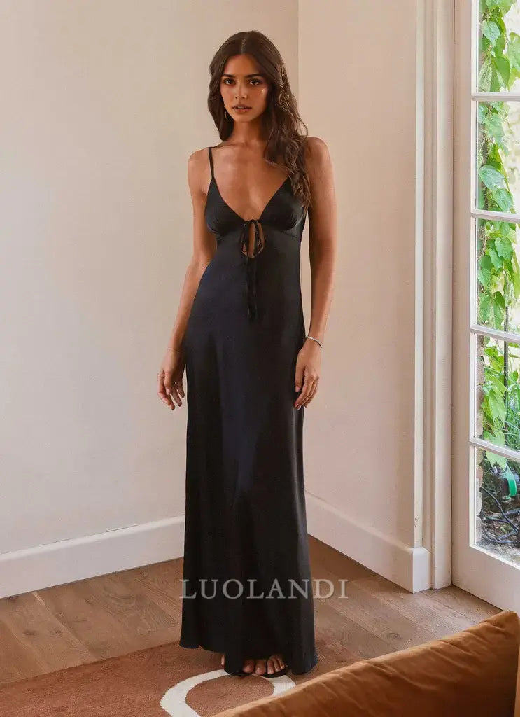 Luolandi Fashion Spaghetti Straps V-neck Sleeveless Long Prom Dress Simple Maxi Dress Elegant Evening Party Dress
