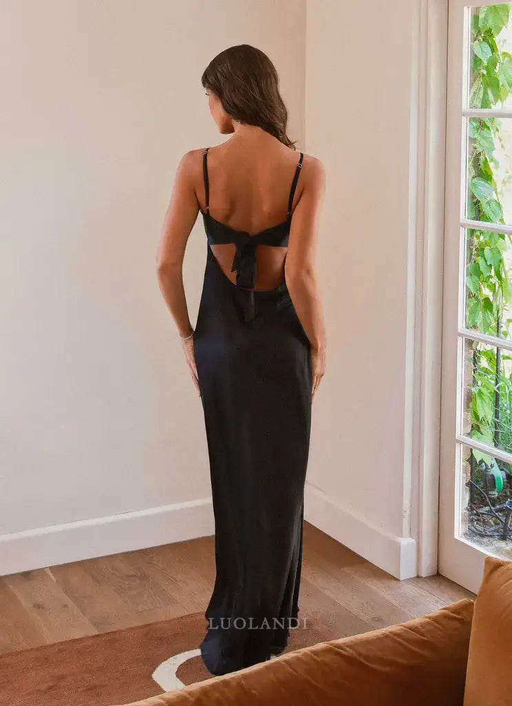 Luolandi Fashion Spaghetti Straps V-neck Sleeveless Long Prom Dress Simple Maxi Dress Elegant Evening Party Dress