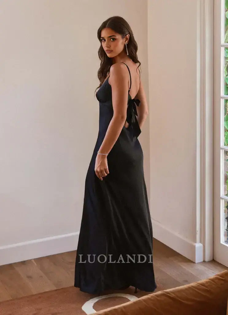 Luolandi Fashion Spaghetti Straps V-neck Sleeveless Long Prom Dress Simple Maxi Dress Elegant Evening Party Dress