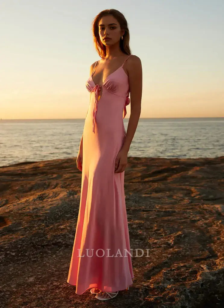 Luolandi Fashion Spaghetti Straps V-neck Sleeveless Long Prom Dress Simple Maxi Dress Elegant Evening Party Dress