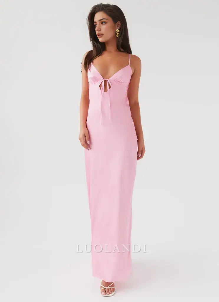 Luolandi Fashion Spaghetti Straps V-neck Sleeveless Long Prom Dress Simple Maxi Dress Elegant Evening Party Dress