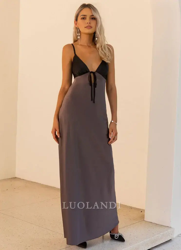 Luolandi Fashion Spaghetti Straps V-neck Sleeveless Long Prom Dress Simple Maxi Dress Elegant Evening Party Dress