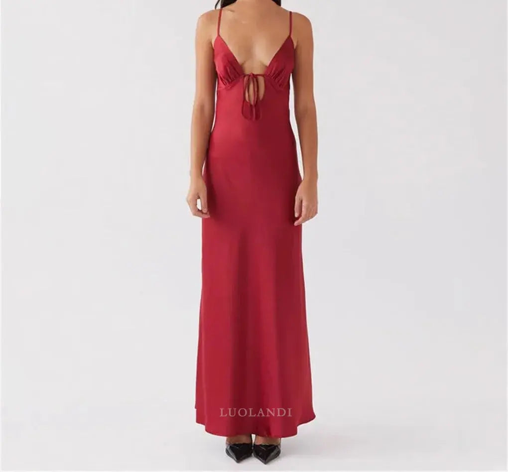 Luolandi Fashion Spaghetti Straps V-neck Sleeveless Long Prom Dress Simple Maxi Dress Elegant Evening Party Dress