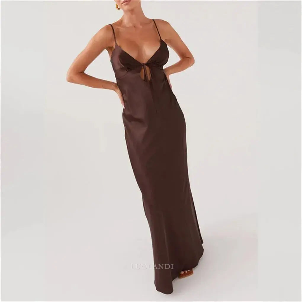 Luolandi Fashion Spaghetti Straps V-neck Sleeveless Long Prom Dress Simple Maxi Dress Elegant Evening Party Dress