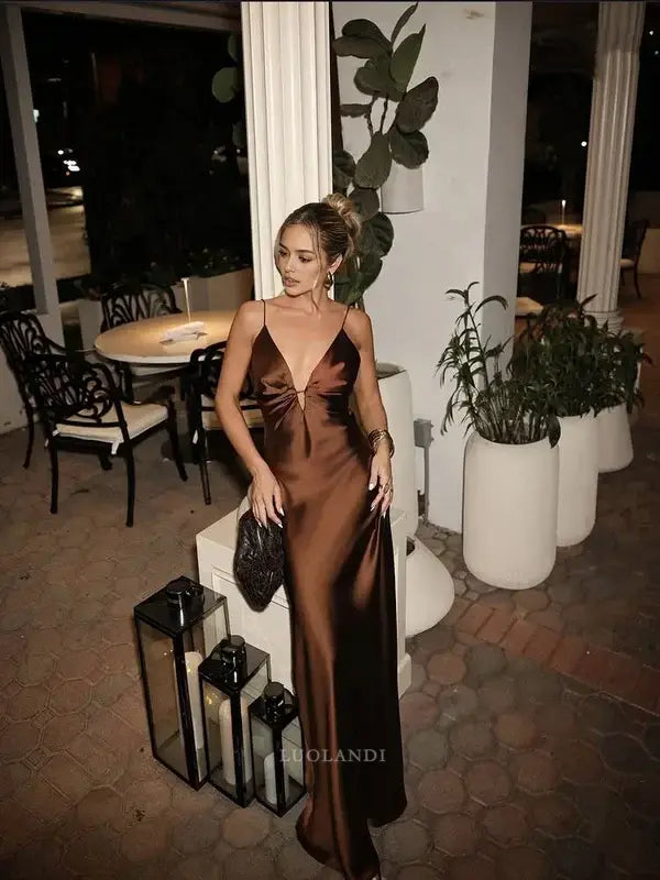 Luolandi Fashion Spaghetti Straps V Neck Satin Sleeveless Long Formal Prom Dress Sexy Wedding Guest Dress Charming Party Evening Gowns