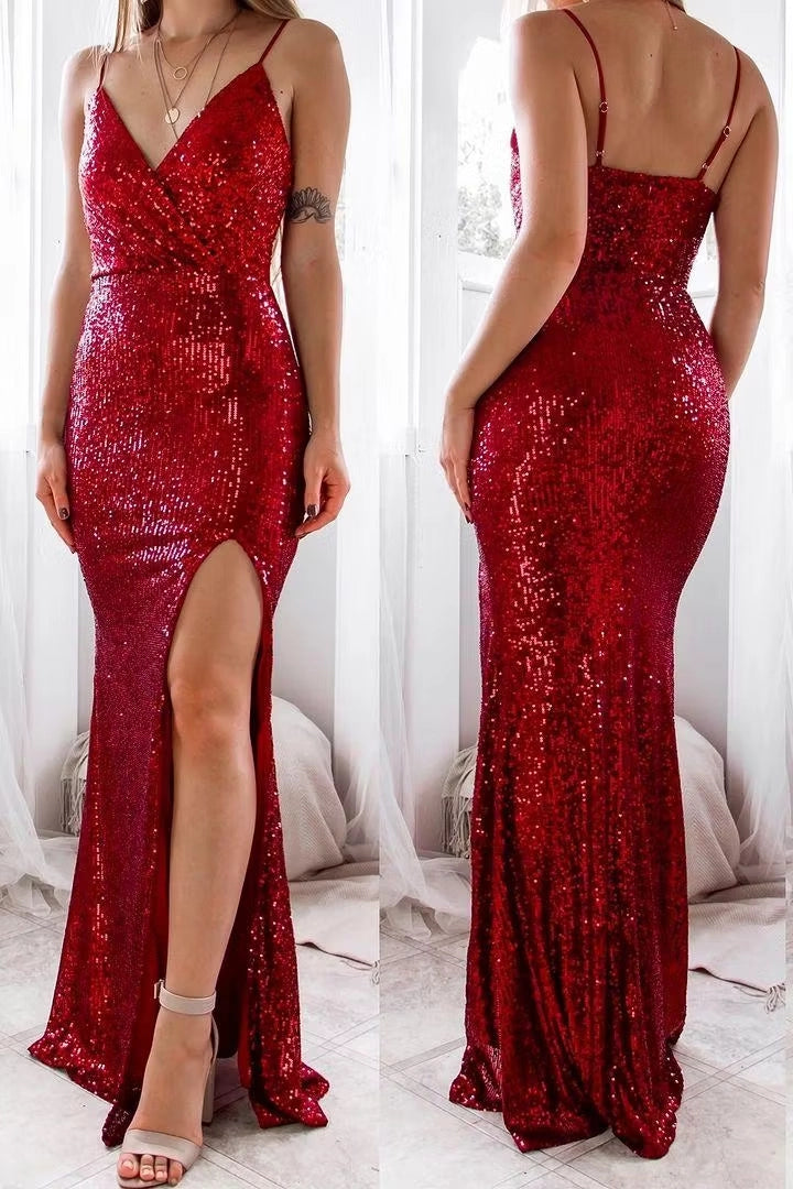Luolandi Fashion Spaghetti Straps V Neck Sleeveless Black Sequins Party Evening Gown Sparkly Long Prom Dress With Split