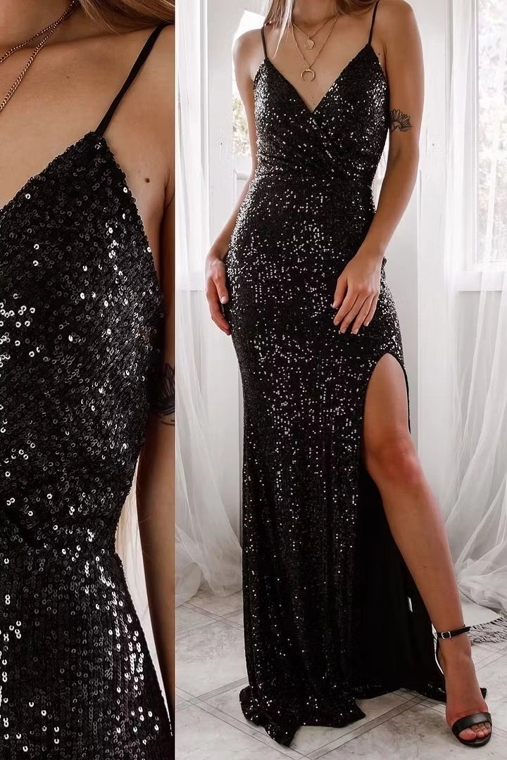 Luolandi Fashion Spaghetti Straps V Neck Sleeveless Black Sequins Party Evening Gown Sparkly Long Prom Dress With Split