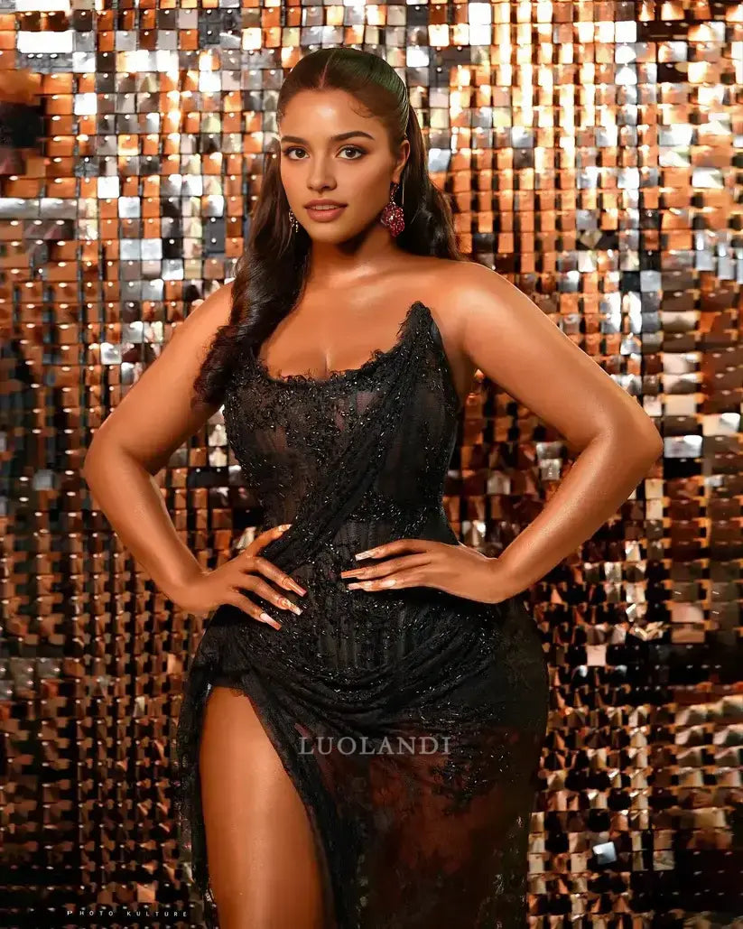 Luolandi Fashion Strapless Formal Prom Dress Sexy Black Girl Evening Dress Charming Birthday Party Dress With Slit