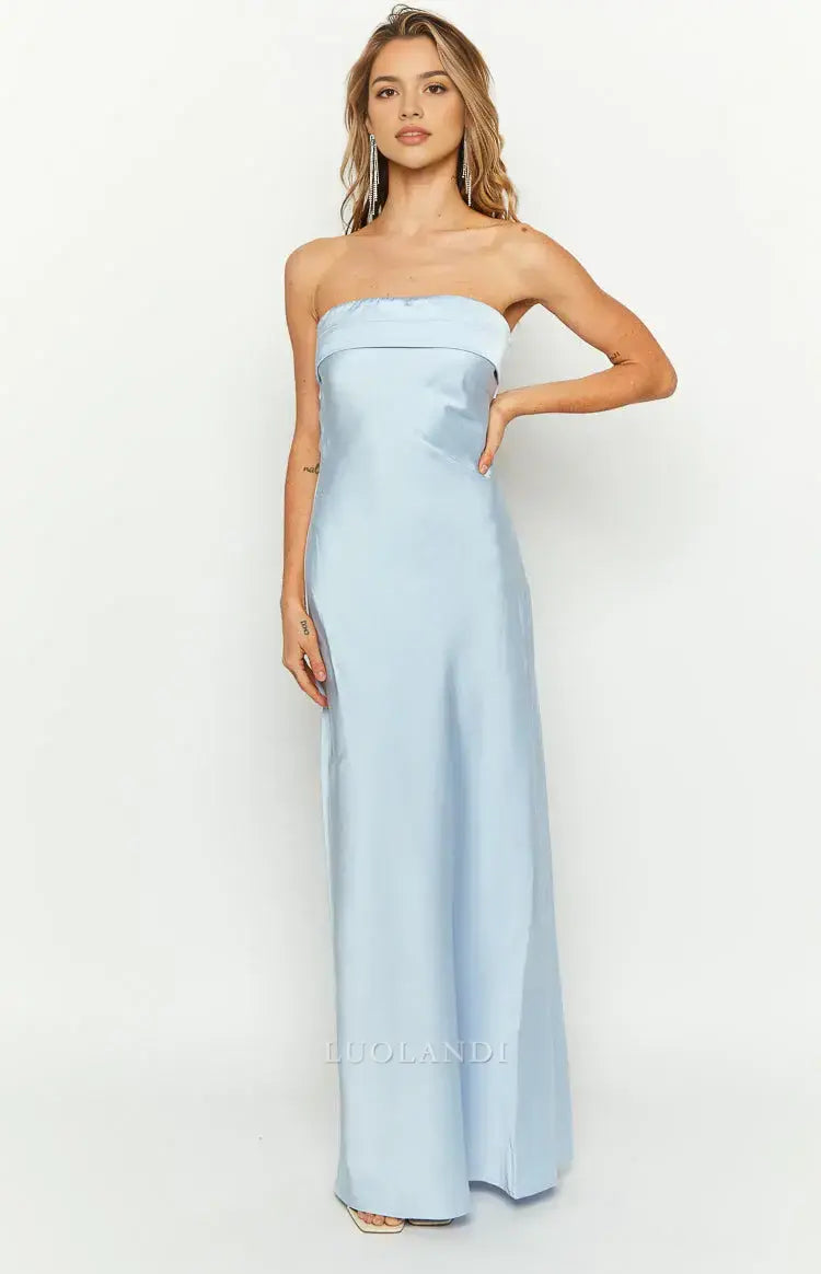 Luolandi Fashion Strapless Satin Long Formal Prom Dress Simple Evening Party Dress Elegant Graduation Dress