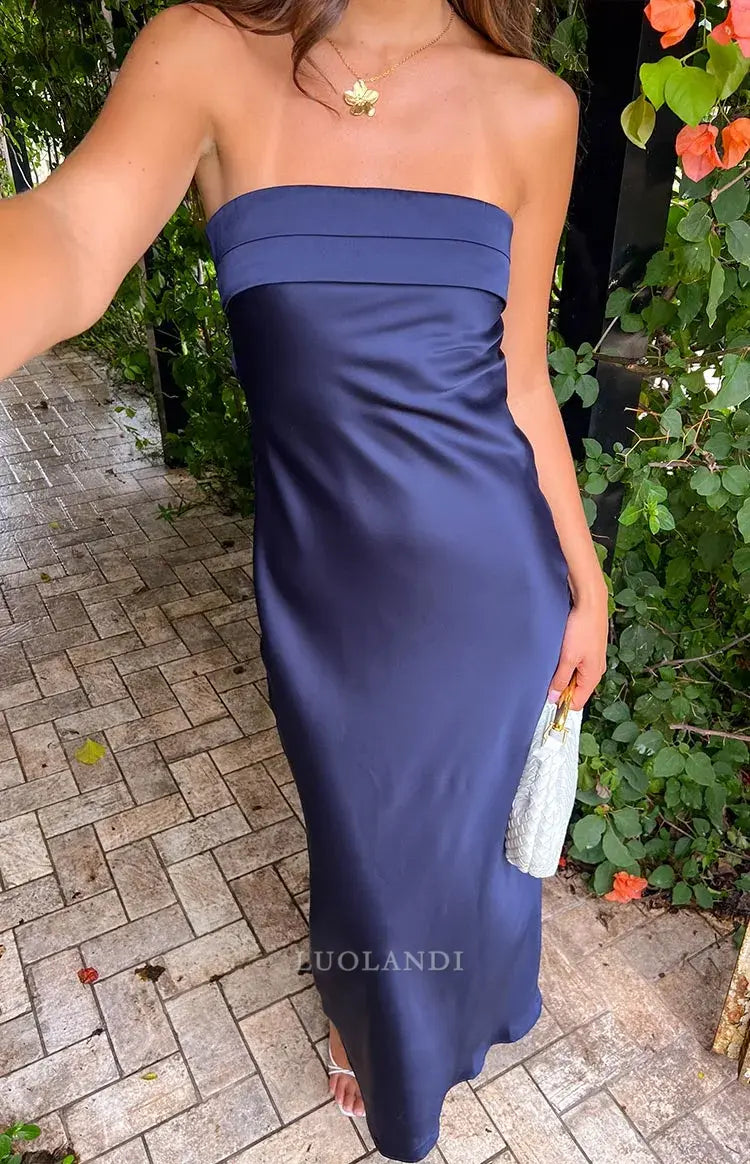 Luolandi Fashion Strapless Satin Long Formal Prom Dress Simple Evening Party Dress Elegant Graduation Dress Maxi Dress For Girls