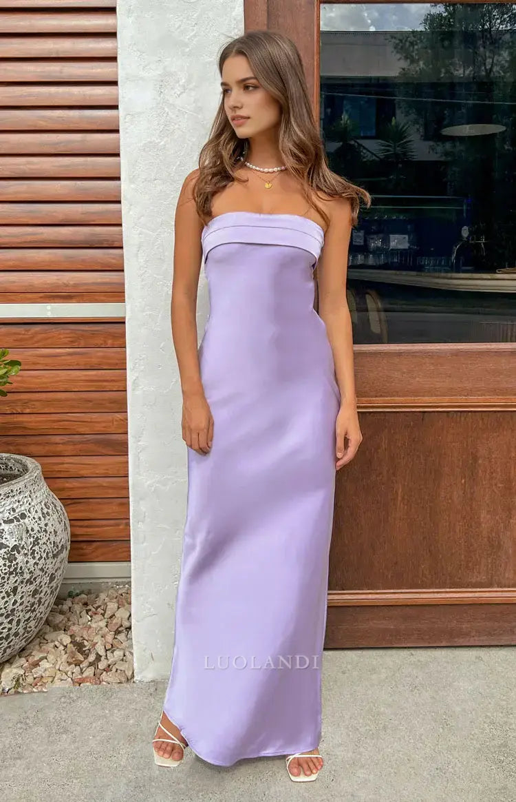 Luolandi Fashion Strapless Satin Long Formal Prom Dress Simple Evening Party Dress Maxi Dress For Girls Elegant Graduation Dress