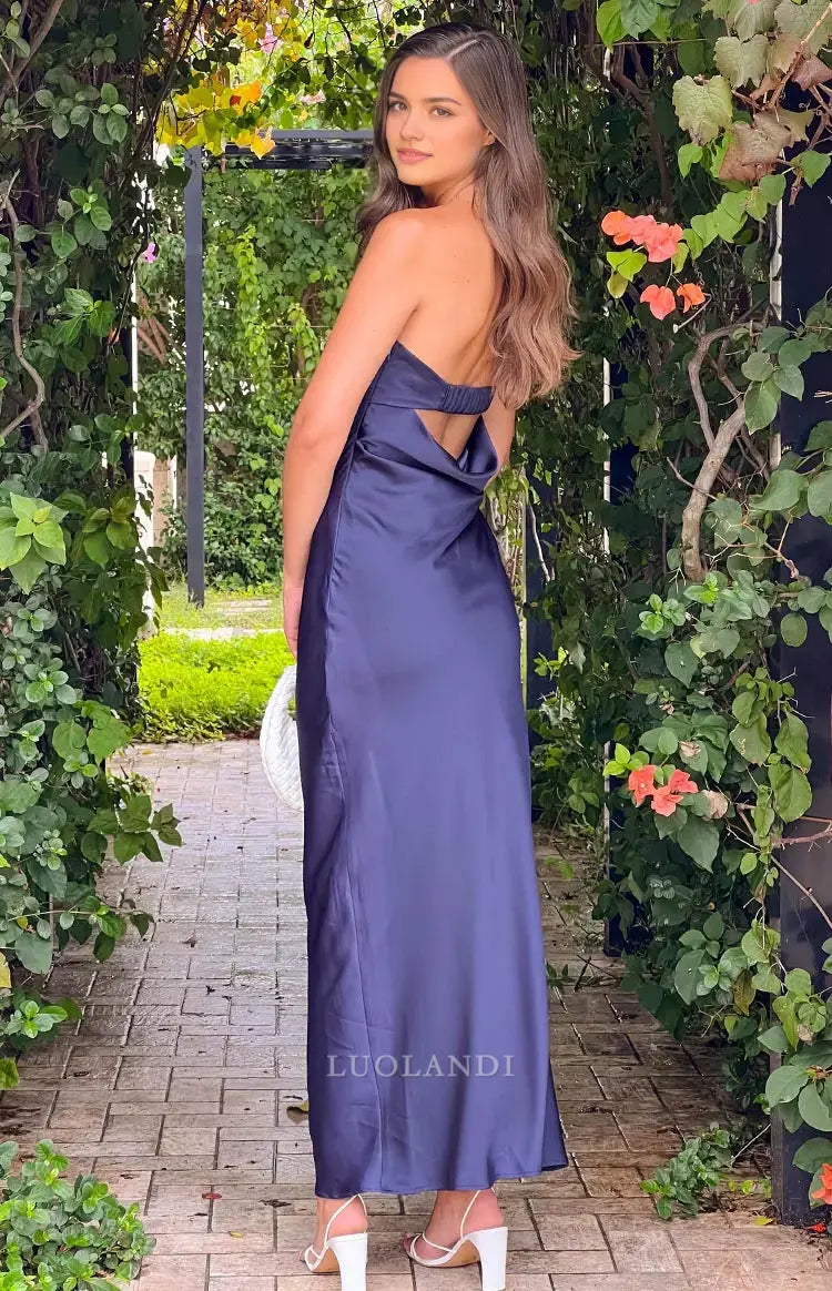 Luolandi Fashion Strapless Satin Long Prom Dress Simple Evening Party Dress Pretty Wedding Guest Dress