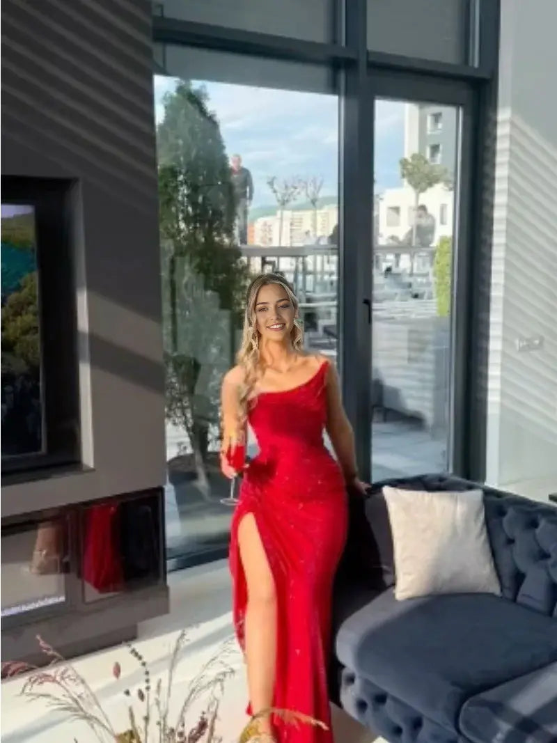 Luolandi Fashion Strapless Sleeveless Long Formal Prom Dress Shiny Party Evening Gown With Slit