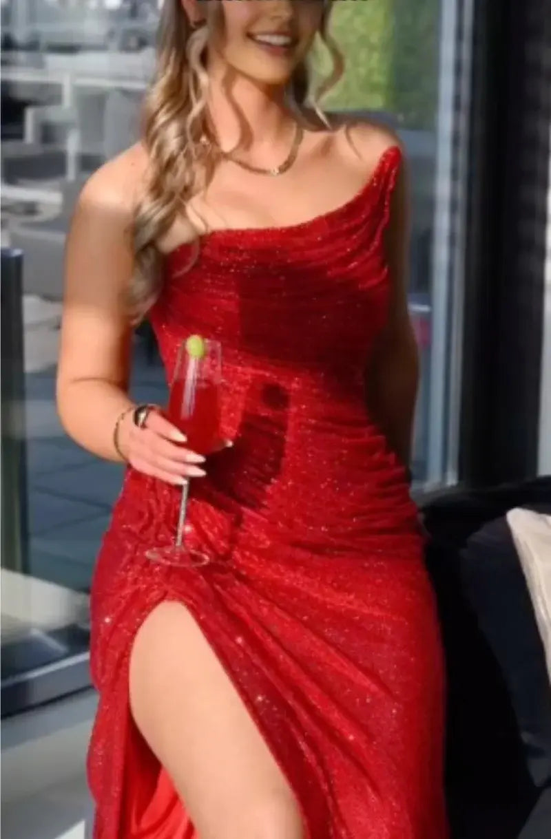 Luolandi Fashion Strapless Sleeveless Long Formal Prom Dress Shiny Party Evening Gown With Slit