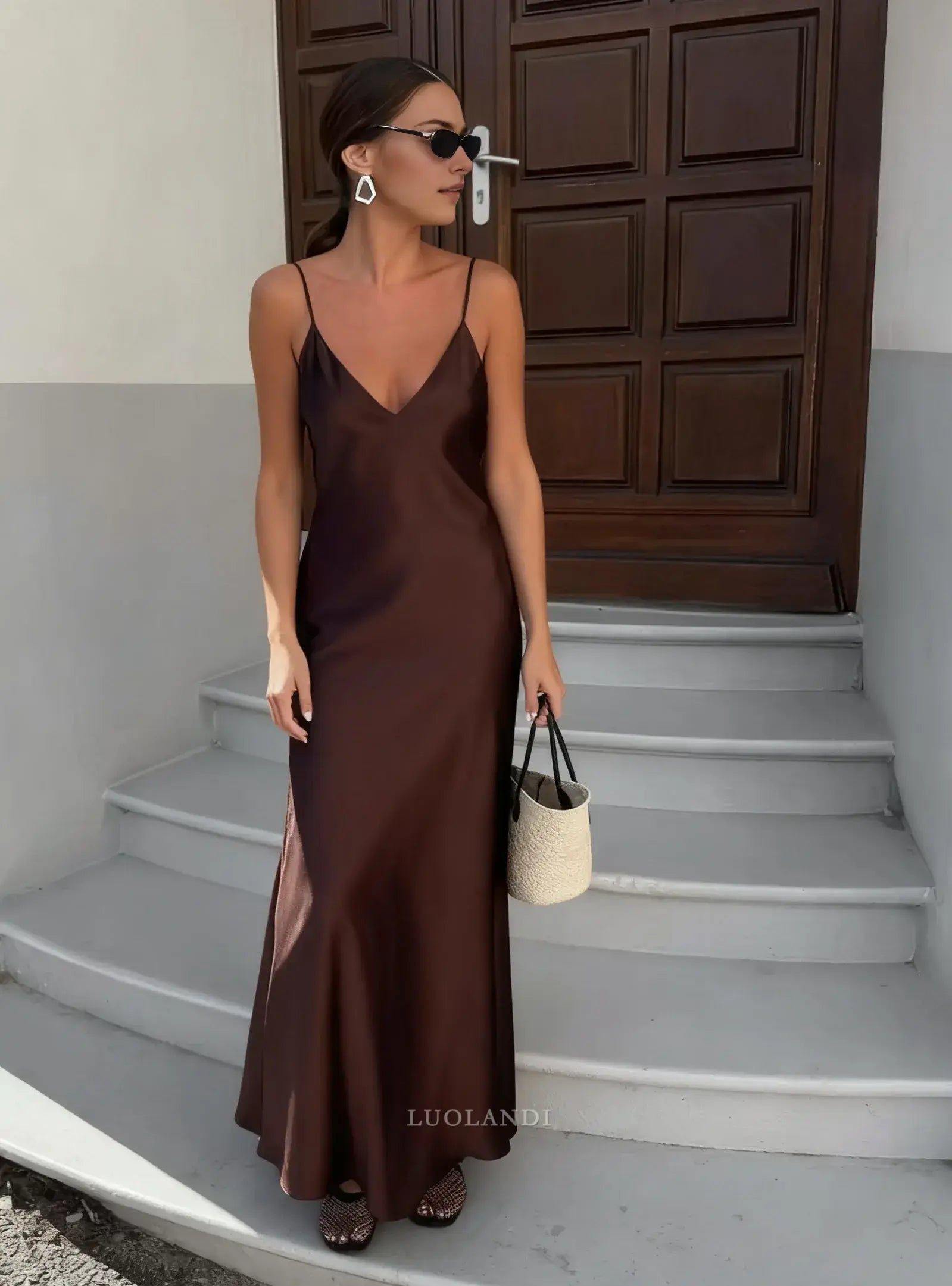 Luolandi Fashion V-neck Formal Prom Dress Sleeveless Elegant Evening Party Gown Simple Wedding Guest Dress