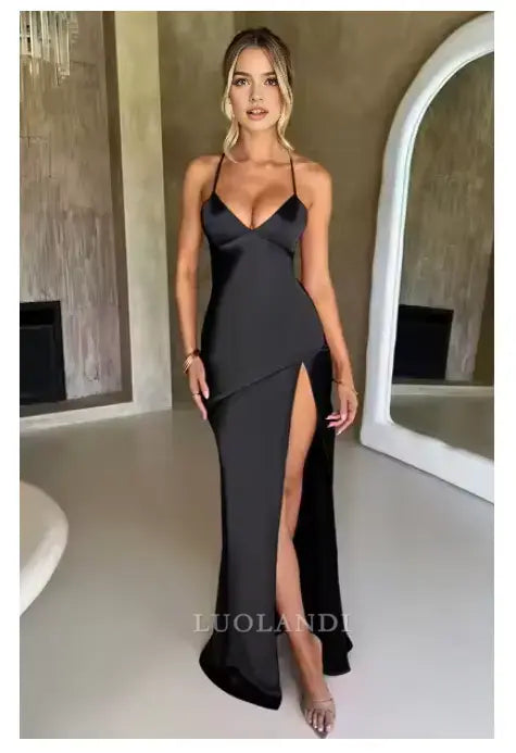 Luolandi Fashion V-neck Spaghetti Straps Sleeveless Prom Dress Simple Evening Party Dress With Slit