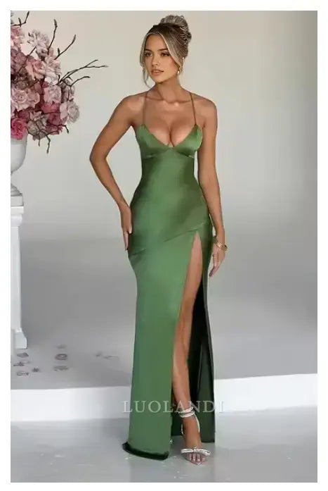 Luolandi Fashion V-neck Spaghetti Straps Sleeveless Prom Dress Simple Evening Party Dress With Slit