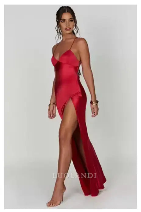 Luolandi Fashion V-neck Spaghetti Straps Sleeveless Prom Dress Simple Evening Party Dress With Slit