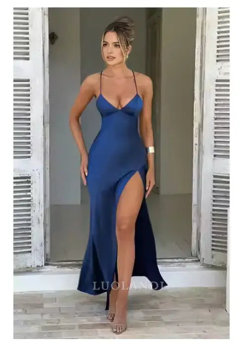 Luolandi Fashion V-neck Spaghetti Straps Sleeveless Prom Dress Simple Evening Party Dress With Slit