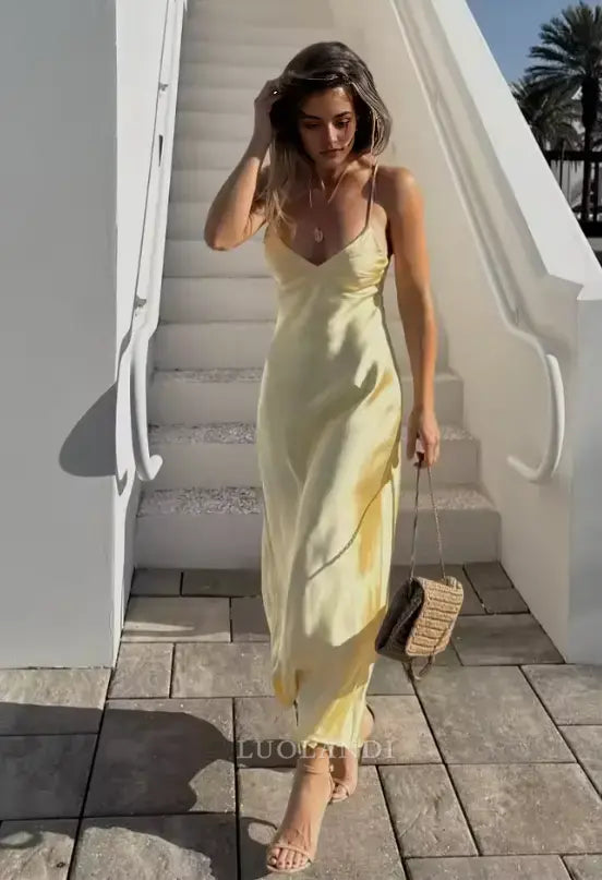 Luolandi Fashion V-neck Spaghetti Straps Sleeveless Prom Dress Simple Maxi Dress Elegant Evening Party Dress