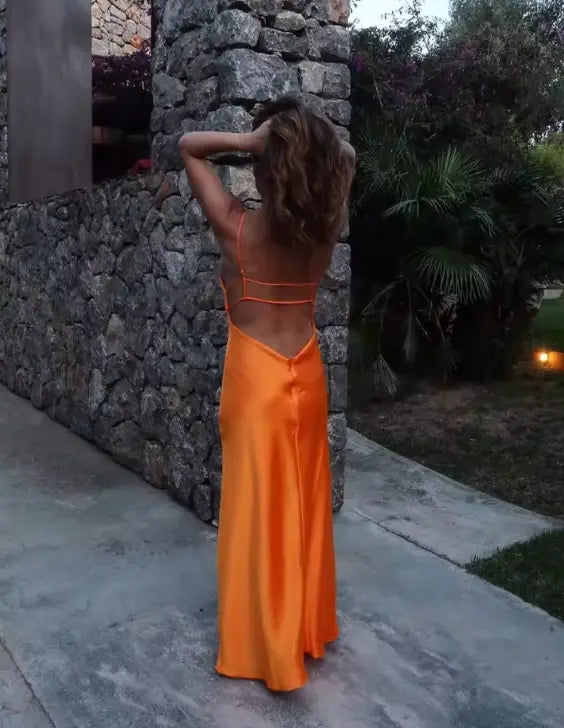 Luolandi Fashion V-neck Spaghetti Straps Sleeveless Prom Dress Simple Maxi Dress Elegant Evening Party Dress