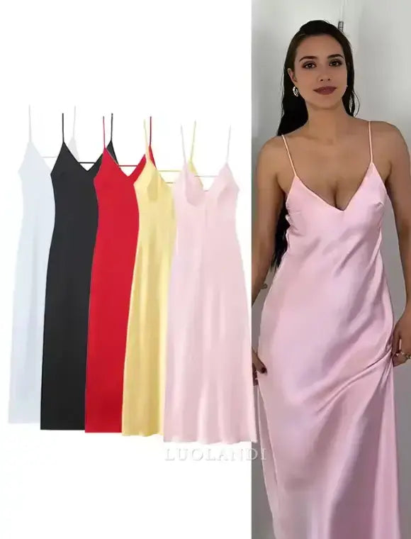 Luolandi Fashion V-neck Spaghetti Straps Sleeveless Prom Dress Simple Maxi Dress Elegant Evening Party Dress