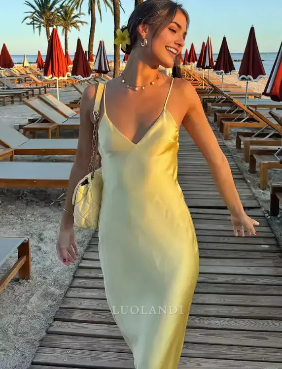 Luolandi Fashion V-neck Spaghetti Straps Sleeveless Prom Dress Simple Maxi Dress Yellow Elegant Evening Party Dress