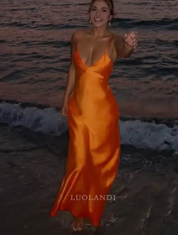 Luolandi Fashion V-neck Spaghetti Straps Sleeveless Prom Dress Simple Maxi Dress Elegant Evening Party Dress