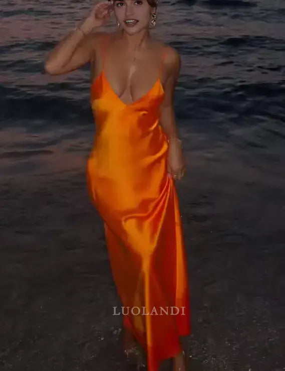 Luolandi Fashion V-neck Spaghetti Straps Sleeveless Prom Dress Simple Maxi Dress Elegant Evening Party Dress