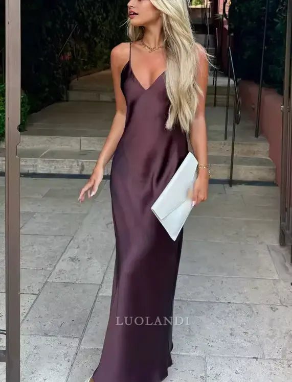 Luolandi Fashion V-neck Spaghetti Straps Sleeveless Prom Dress Simple Maxi Dress Elegant Evening Party Dress