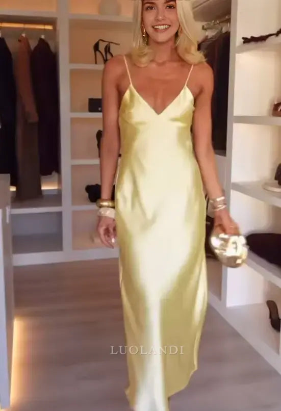 Luolandi Fashion V-neck Spaghetti Straps Sleeveless Prom Dress Simple Maxi Dress Elegant Evening Party Dress