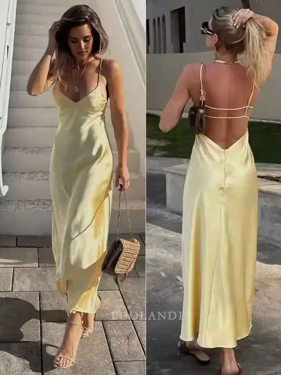 Luolandi Fashion V-neck Spaghetti Straps Sleeveless Prom Dress Simple Maxi Dress Yellow Elegant Evening Party Dress